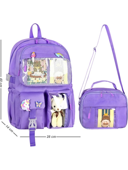 Waddell Kawaii Kore Tarzı Aksesuarlı İlkokul Sırt ve Beslenme Çantası Lila 25002 ürün görseli 1