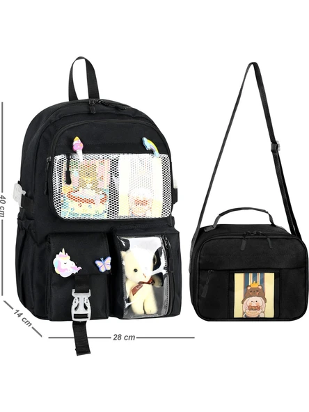 Waddell Kawaii Kore Tarzı Aksesuarlı İlkokul Sırt ve Beslenme Çantası Siyah 25002 ürün görseli 1
