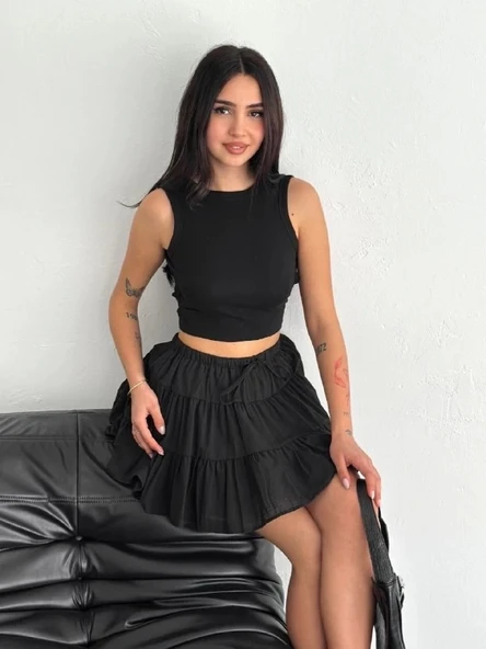 Keten Şortlu Etek - Siyah - Resim 4