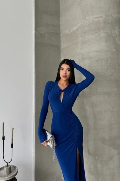 SANDY ELBİSE BÜZGÜ DETAYLI - Mavi - Resim 4