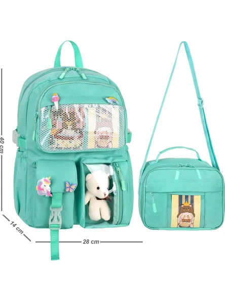 Waddell Kawaii Kore Tarzı Aksesuarlı İlkokul Sırt ve Beslenme Çantası Su Yeşili 25002 ürün görseli 1