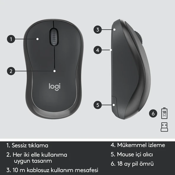 LOGITECH MK295 KABLOSUZ KLAVYE MOUSE SET SIYAH (920-009804) - Resim 3