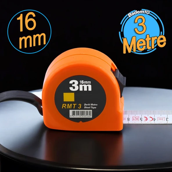 Şerit Metal Bükülebilir Metre 3 m x 16 mm Turuncu Renk Düğmeli Ölçüm Ölçme Plastik Kasalı ürün görseli 1
