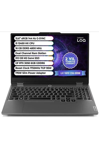 Loq Intel Core I5-12450hx 16gb 512gb S Rtx™ 3050 6gb Tgp 95w 15,6" Gaming Laptop 83gs008gtr ürün görseli 1