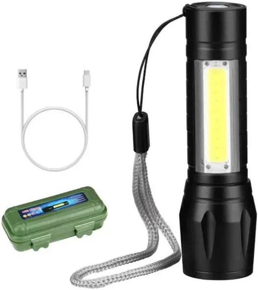 CATA CT-8024 USB Şarjlı El Feneri 200 Lm LED Cep Torch 3 Fonksiyonlu COB + Zoom Polis Modlu Taşınabilir El Lambası Su Geçirmez IP44 ürün görseli 1