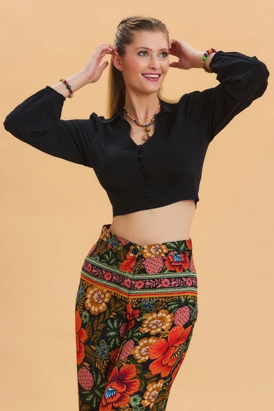 Gömlek Yaka Düğme Detaylı Crop Bluz - Resim 2