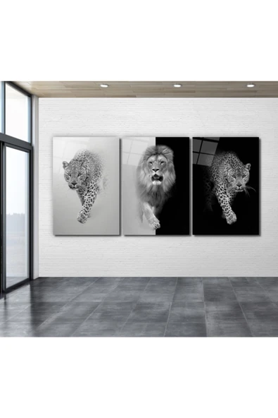 Leopar Ve Aslan Triple Miyrem-Cam Tablo ürün görseli 1