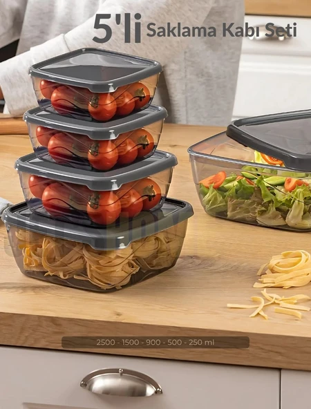 5’li Set Kare Saklama Kabı Seti BPA Free Erzak Kabı Bakliyat Saklama Kapları Buzdolabı Kabı ürün görseli 1