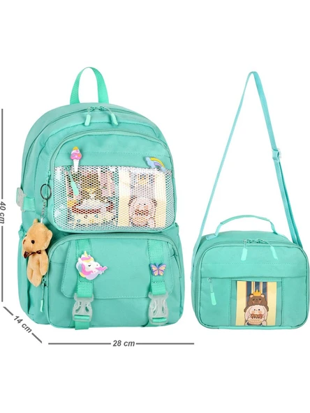 Waddell Kawaii Kore Tarzı Aksesuarlı İlkokul Sırt ve Beslenme Çantası Su Yeşili 25001 ürün görseli 1