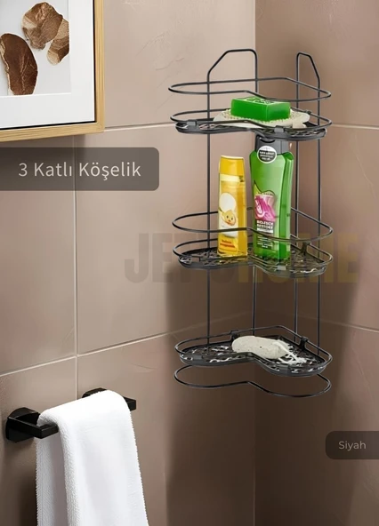 Banyo Rafı Mutfak Rafı Paslanmaz Baharatlık 3 Katlı Köşelik Şampuanlık Siyah ürün görseli 1