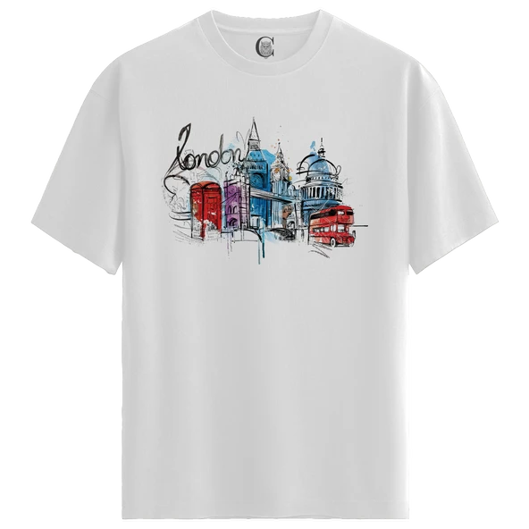 London - %100 Pamuklu Erkek Beyaz Tişört - Premium Quality ürün görseli 1