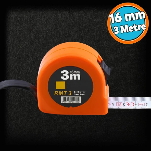 Şerit Metal Bükülebilir Metre Plastik Kasalı 3 m x 16 mm Turuncu Renk Düğmeli Ölçüm Ölçme ürün görseli 1