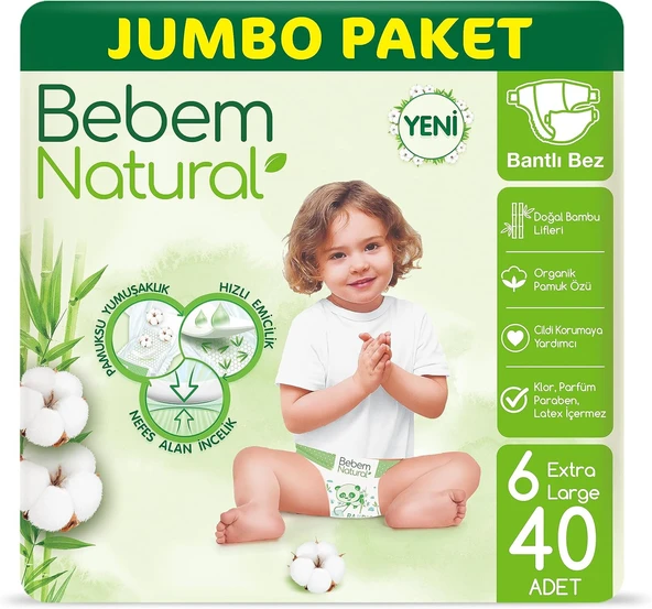 Bebem Natural 6 Numara Ekstra Large 40'lı Bebek Bezi ürün görseli 1