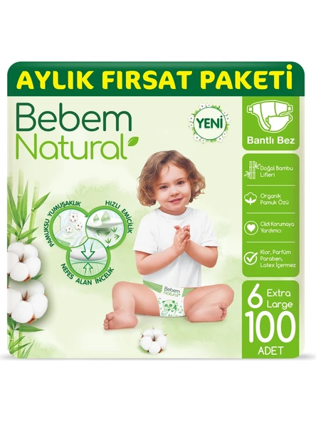 Bebem Natural 6 Numara Ekstra Large 100'lü Bebek Bezi ürün görseli 1