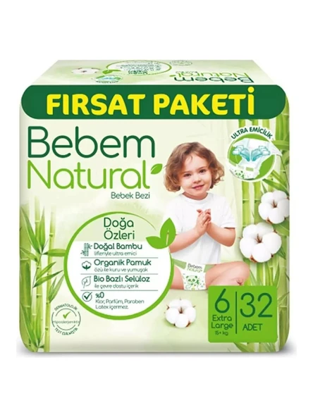 Bebem Natural 6 Numara Ekstra Large 32'li Bebek Bezi ürün görseli 1