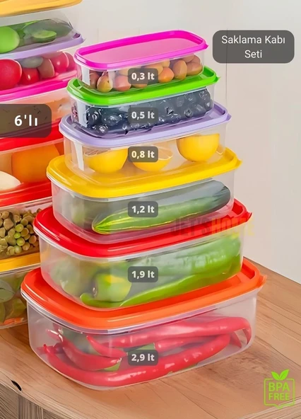 6'lı Set Erzak Saklama Kabı Seti BPA Free Erzak Kabı Bakliyat Saklama Kapları Buzdolabı Kabı ürün görseli 1