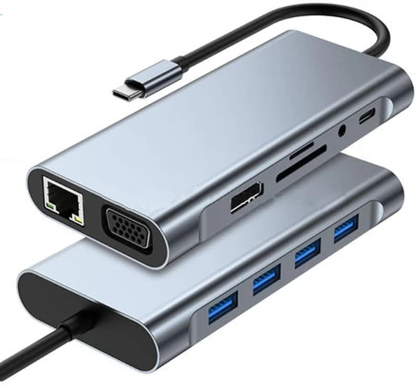 Alfalink Type-C to Usb 11in1 Çevirici Çoğaltıcı Hub Adaptör(Lan+Type-C+SD Card+USBx4+Audio+HDMI+VGA) ürün görseli 1