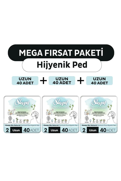 Sleepy Bio Natural Premium Plus Hijyenik Ped Mega Fırsat Paketi Uzun 120 Adet ürün görseli 1