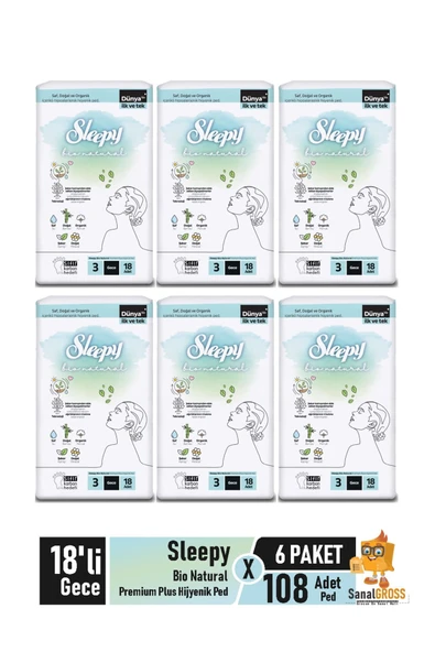 Sleepy Bio Natural Premium Plus Hijyenik Ped 18'li Gece X 6 Paket ürün görseli 1