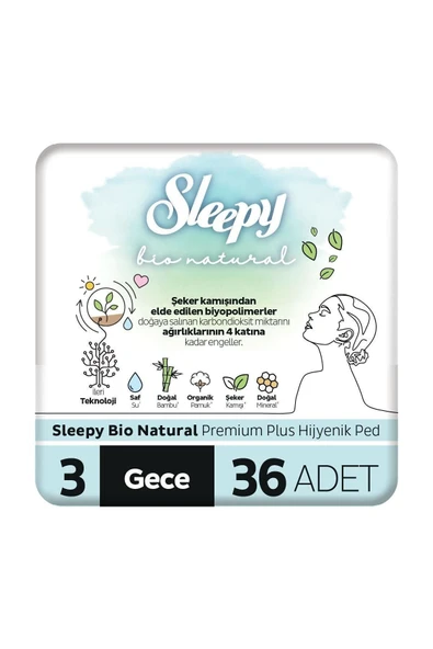 Sleepy Bio Natural Premium Plus Hijyenik Ped Gece 36 Adet Ped ürün görseli 1