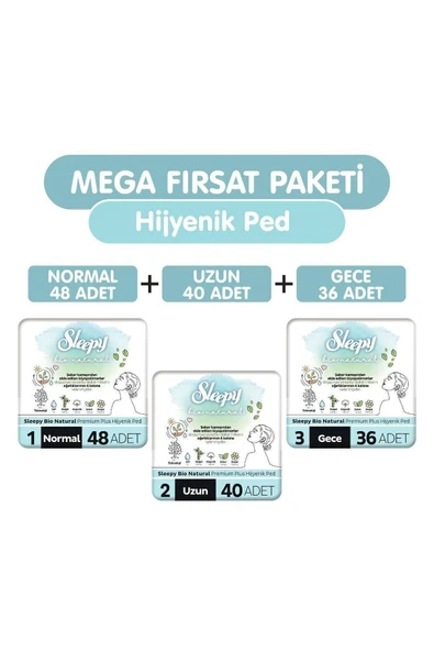 Sleepy Bio Natural Premium Plus Hijyenik Ped 124'lü Ped Mega Fırsat Paketi ürün görseli 1