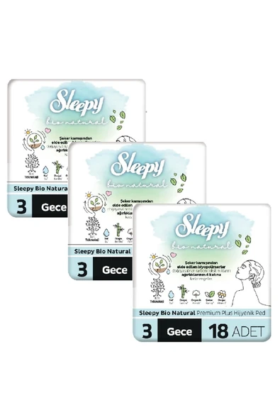 Sleepy Bio Natural Premium Plus Hijyenik Ped Gece 18 Adet x 3 Adet ürün görseli 1