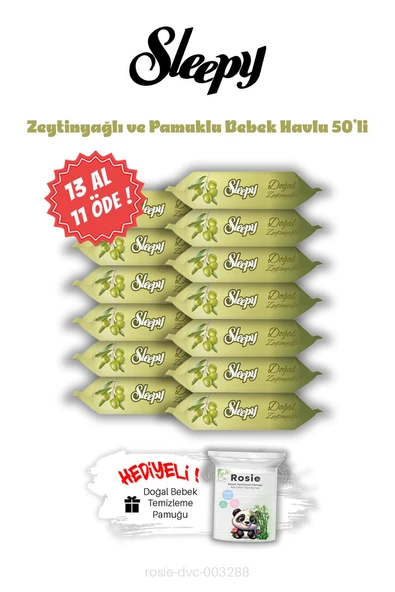 Sleepy Zeytinyağlı ve Pamuklu 13 AL 11 ÖDE Islak Bebek Mendil 50'li ve ROSIE ürün görseli 1