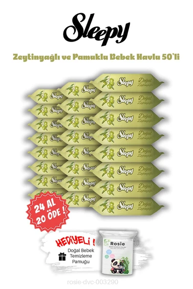 Islak Bebek Mendil 24 AL 20 ÖDE Sleepy Zeytinyağ ve Pamuk 50'li ve ROSIE ürün görseli 1