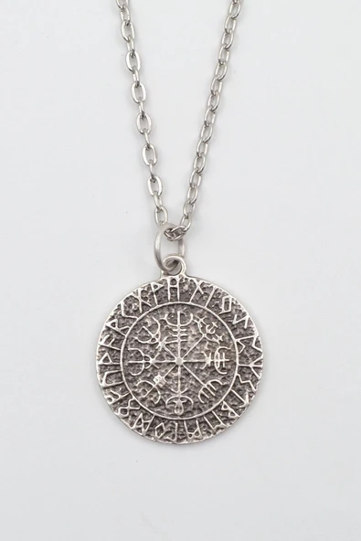 Vegvisir Viking Pusulası Gümüş Kaplama Düz Zincir Kolye ürün görseli 1