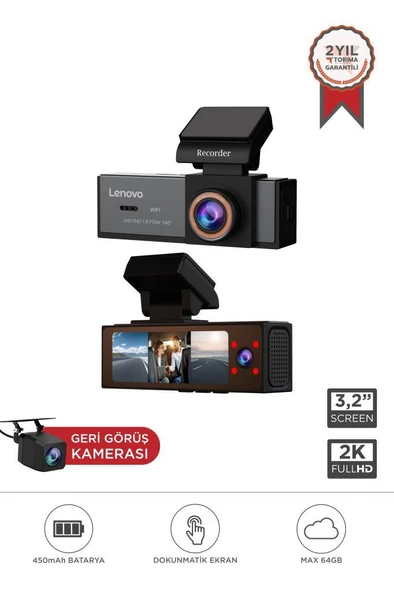 Araç İçi Kamera 1080P Dokunmatik Wifi Ön İç ve Arka Araç Kamerası Q7 7302 Siyah ürün görseli 1