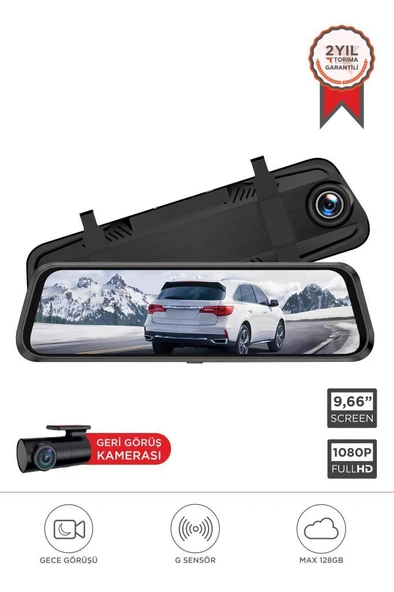 Araç İçi Kamera Gece Görüşlü Dokunmatik 1080P Ön ve Arka Dikiz Aynası V7AHD Siyah ürün görseli 1