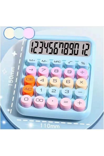 12 Haneli Geniş LCD Ekran Yuvarlak Düğme Sevimli Şeker Renkli Hesap Makinesi Mavi ürün görseli 1