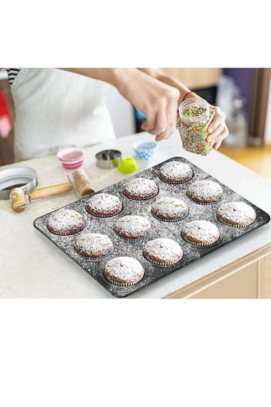 12 Gözlü Muffin Cupcake Kalıbı Yanmaz Yapışmaz Kek Pasta Kurabiye Brownie Fırın Tepsisi ürün görseli 1