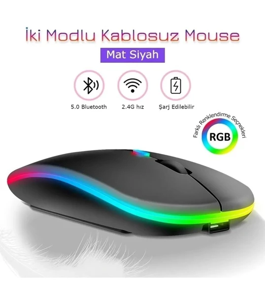 Şarjlı Kablosuz Mouse Bluetooth ve 2.4ghz- RGB Işıklı - Sessiz Tıklama ürün görseli 1