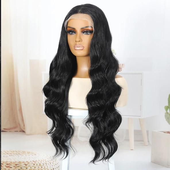 Siyah Fiber Sentetik Su Dalgalı Tül Peruk - Resim 4