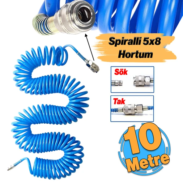 Spiralli 5x8 Polietilen Hava Hortumu 10 Metre Nipel Jaklı Esnek Kırılmaz Sök Tak Soketli Manşon ürün görseli 1