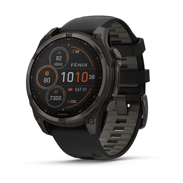 Garmin Fenix 8 - 47 mm Solar Sapphire Karbon Gri DLC Titanyum Siyah/Gri Silikon Kayışlı ürün görseli 1