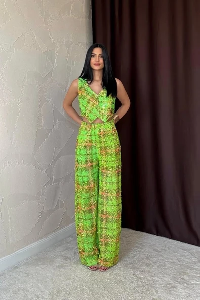 Yeşil Pullu Yelek Ve Pantolon Takım - Resim 2