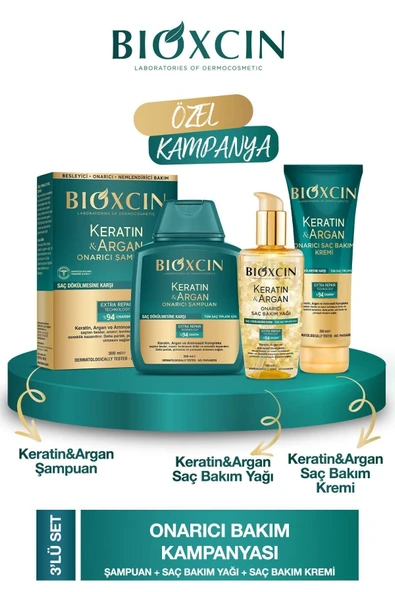 Bioxcin Keratin & Argan Onarıcı Şampuan 300ml + Keratin Argan Saç Bakım Yağı + Saç Kremi ürün görseli 1
