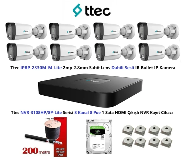 Ttec 2mp Mikrofonlu 8 Kameralı 500GB Disk Tak Çalıştır Hazır IP Kamera Seti ürün görseli 1