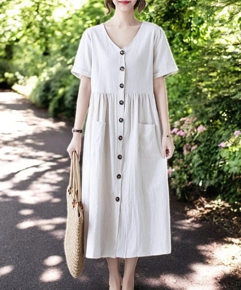 V Yaka Rahat Keten Elbise ürün görseli 1