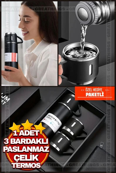 Siyah Piknik Kamp Termosu Paslanmaz Çelik 3 Bardaklı 500 Ml Vakumlu Çay Kahve Sıcak Soğuk Termos Set ürün görseli 1