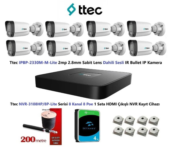 Ttec 2mp Mikrofonlu 8 Kameralı 4TB Disk Tak Çalıştır Hazır IP Kamera Seti ürün görseli 1