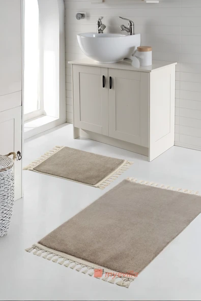 Simirna Ponpon Saçaklı Peluş Yıkanabilir Kaymaz Banyo Paspası 2'li Klozet Takımı Vizon ürün görseli 1