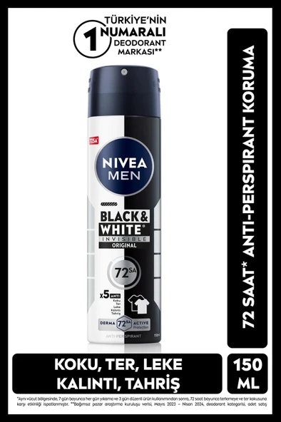 NIVEA MEN Erkek Sprey Deodorant Black&White Invisible Original 150ml, 72 Saat Anti-perspirant Ter Koruması ürün görseli 1