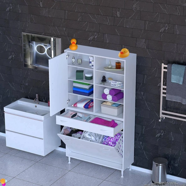 Modilayn AFRA 100x173x32,5cm 1 Çekmece, 3 Göz Sepet, 1 Kapak, 8 Raf  Dar Alan Banyo Dolabı ürün görseli 1