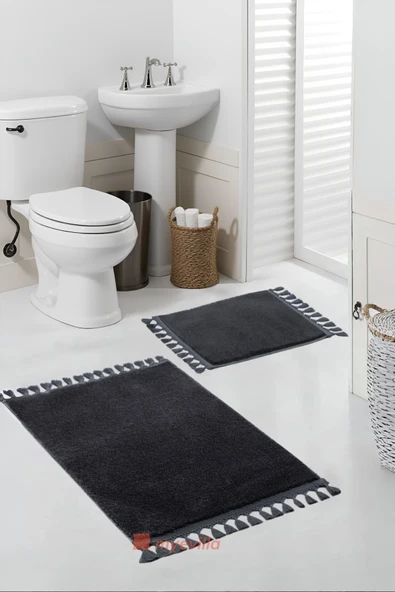 Simirna Ponpon Saçaklı Peluş Yıkanabilir Kaymaz Banyo Paspası 2'li Klozet Takımı Antrasit ürün görseli 1