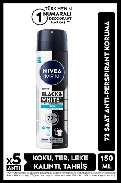 NIVEA Men Erkek Sprey Deodorant Black&white Invisible Fresh 150ml, 72 Saat Anti-perspirant Ter Koruması ürün görseli 1