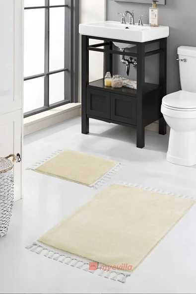 Simirna Ponpon Saçaklı Peluş Yıkanabilir Kaymaz Banyo Paspası 2'li Klozet Takımı Bej ürün görseli 1
