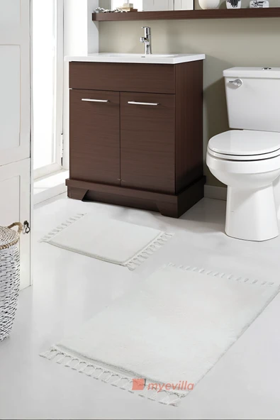 Simirna Ponpon Saçaklı Peluş Yıkanabilir Kaymaz Banyo Paspası 2'li Klozet Takımı Krem ürün görseli 1